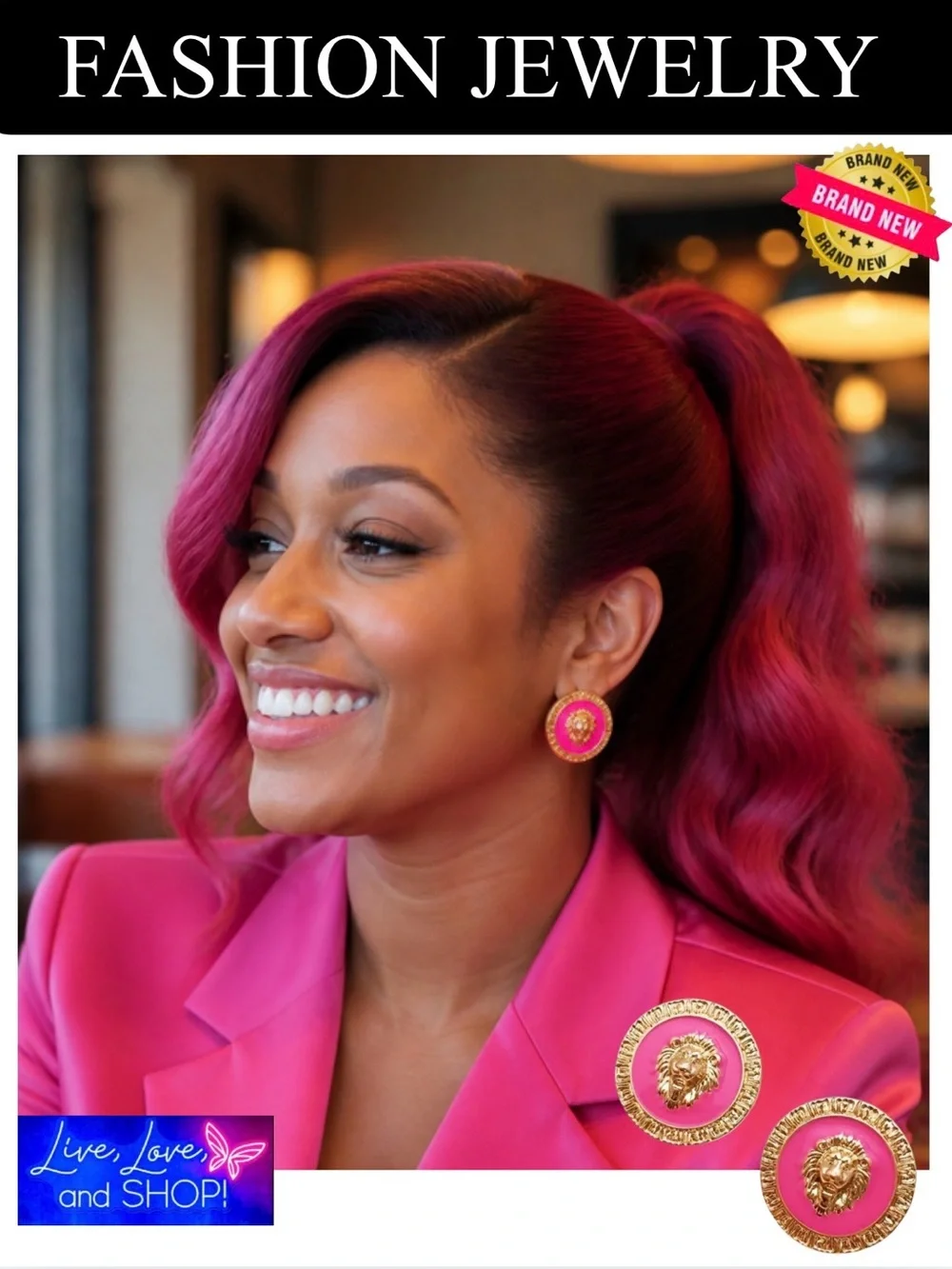 EARRINGS: Hot Pink & Gold Tone Lion Head Stud Zinc Alloy Earrings, NIP